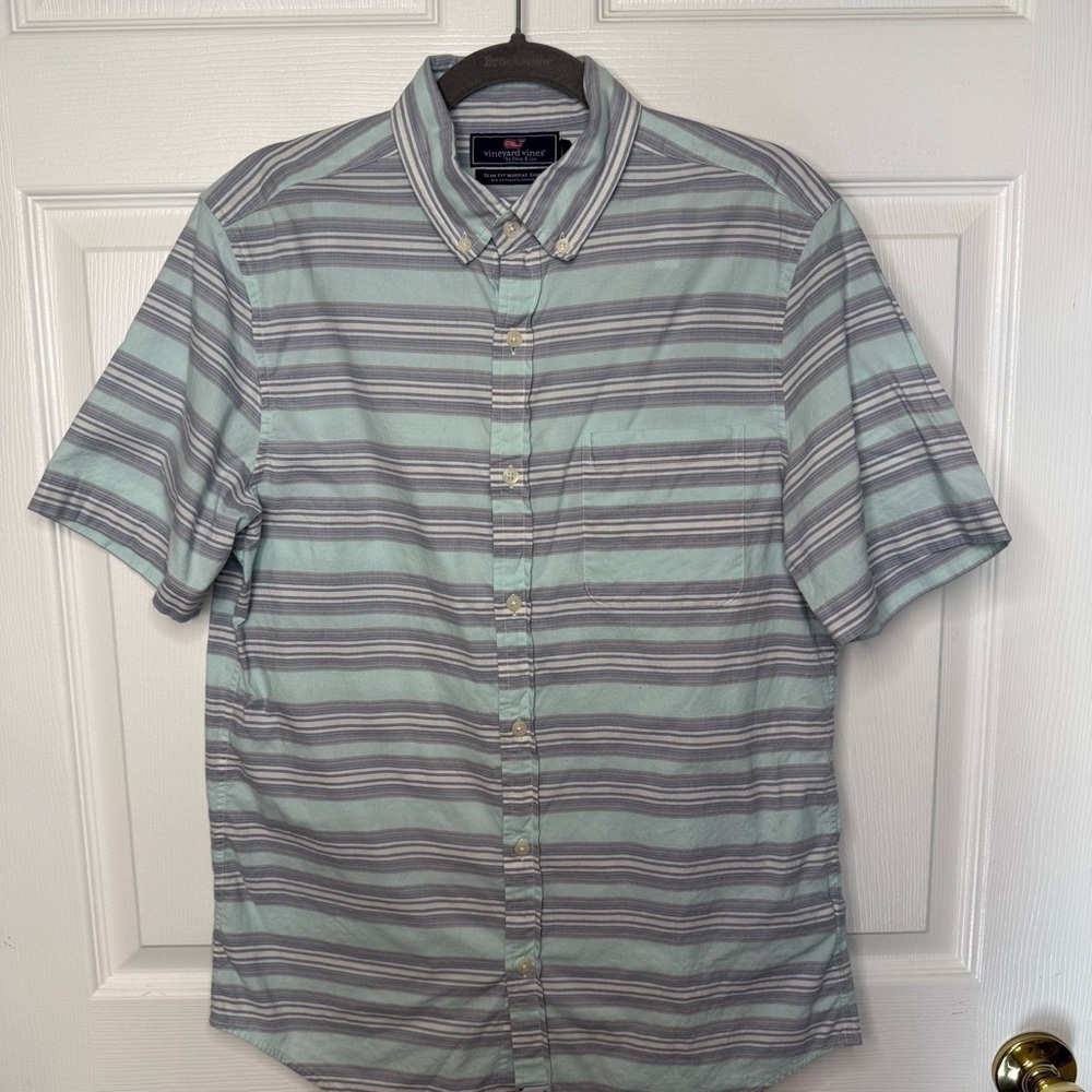 Vineyard Vines Slim Fit Murray Shirt Size Small Blue Green White Stripes GUC